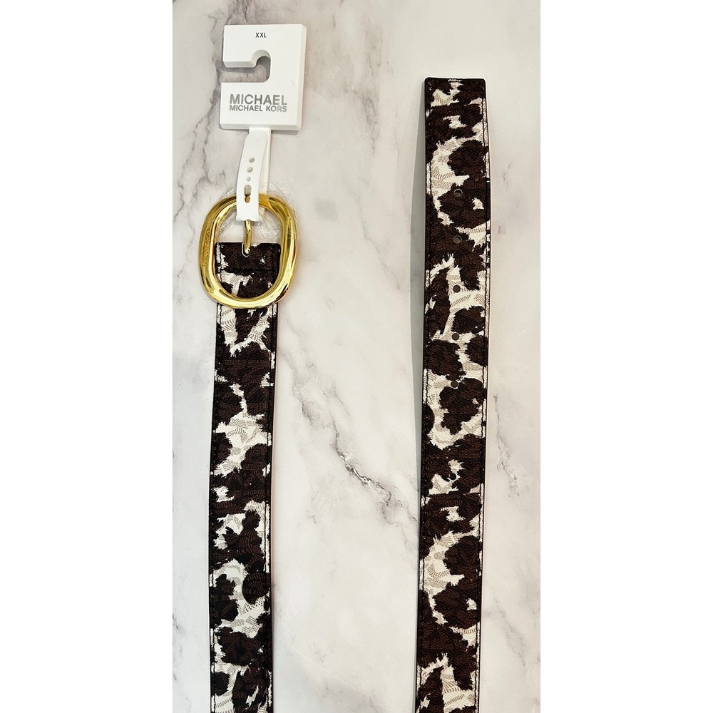 Michael Kors Womens Cow Print Belt Brown Gold Oval‎ Buckle XXL